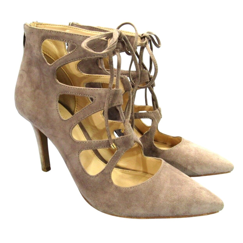 VINCE CAMUTO Bodell LIGHT BROWN Suede Leather LACED Pointed Toe HIGH HEELS 8.5M